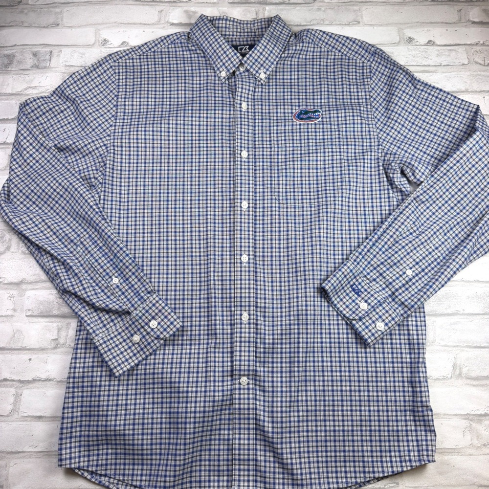 Cutter & Buck Button Down Shirt Mens L Blue Plaid Florida Gators NCAA Pre-owned